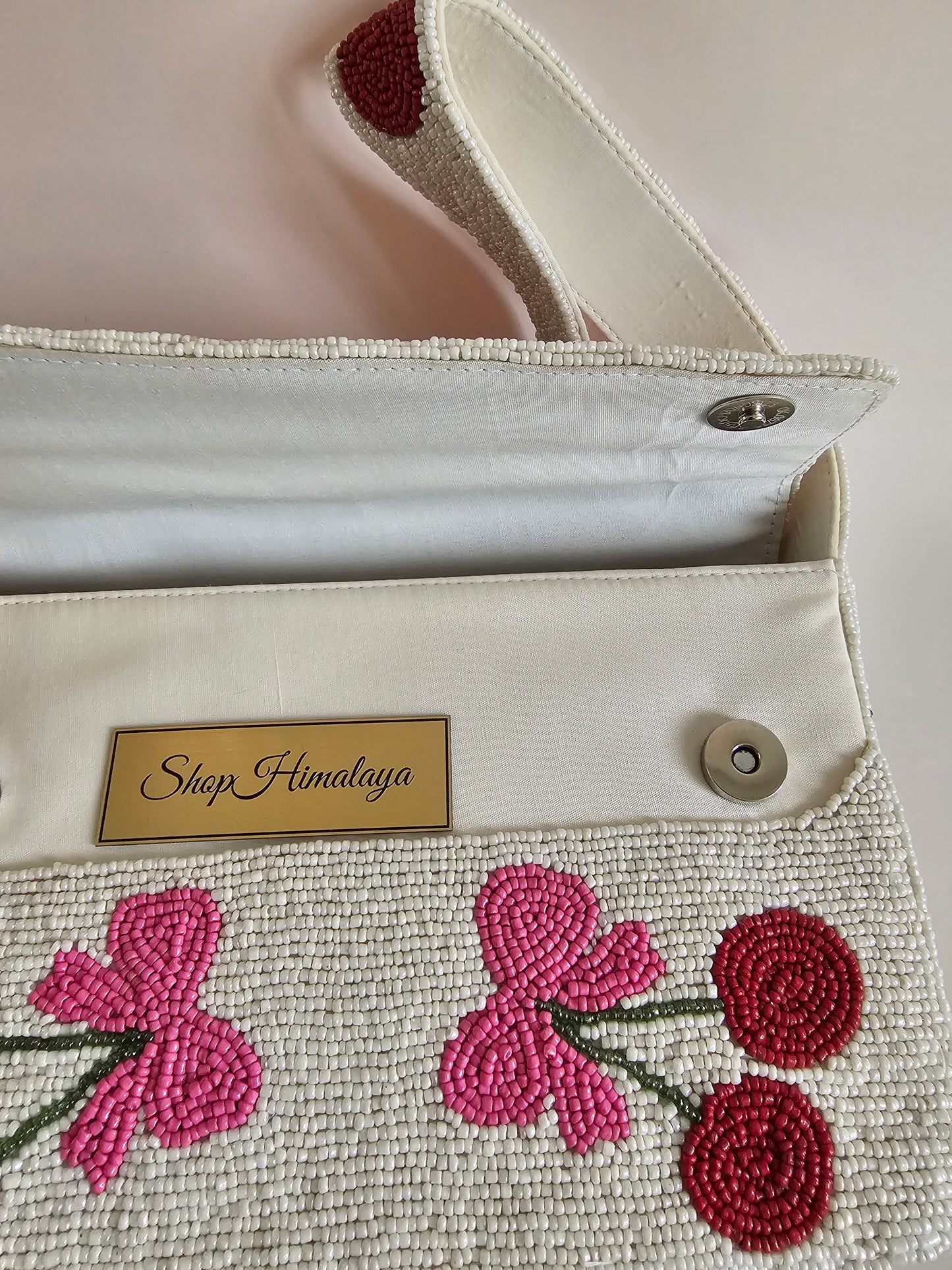 Handmade Cherry Beaded Bag, Pink Bow Shoulder Clutch,Cute pink bow and cherry beaded bag,  Artisan beaded cherry bag