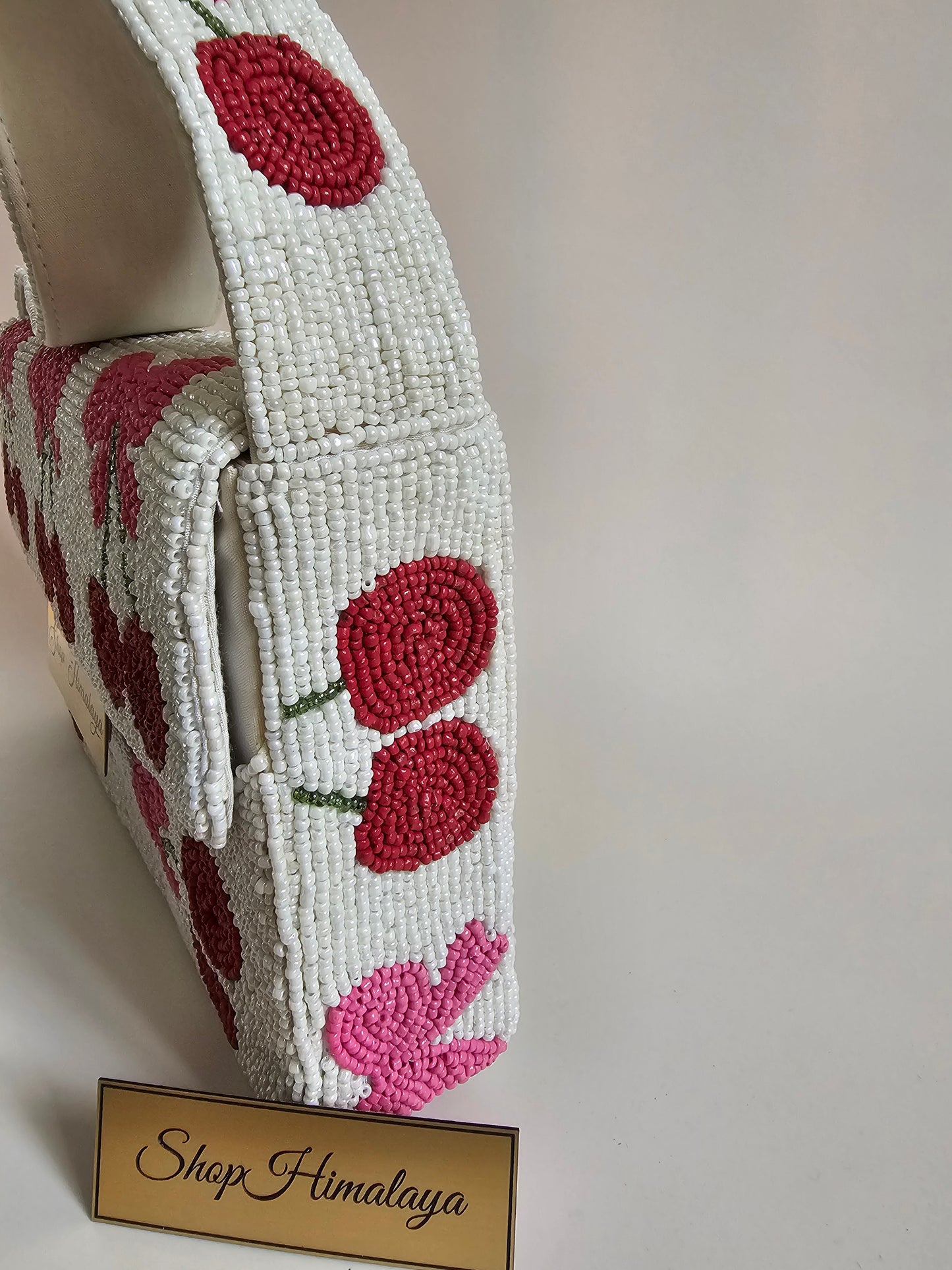 Handmade Cherry Beaded Bag, Pink Bow Shoulder Clutch,Cute pink bow and cherry beaded bag,  Artisan beaded cherry bag