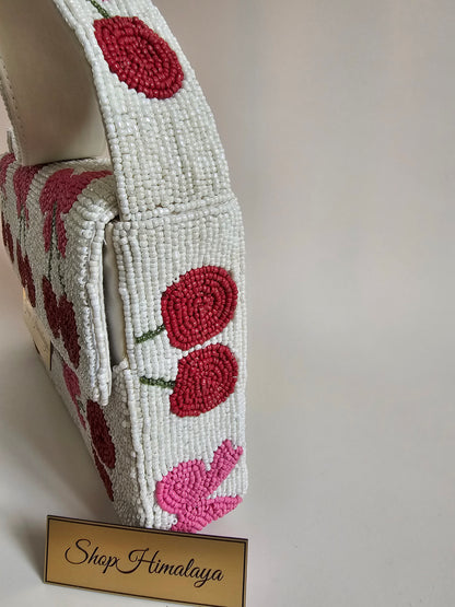 Handmade Cherry Beaded Bag, Pink Bow Shoulder Clutch,Cute pink bow and cherry beaded bag,  Artisan beaded cherry bag