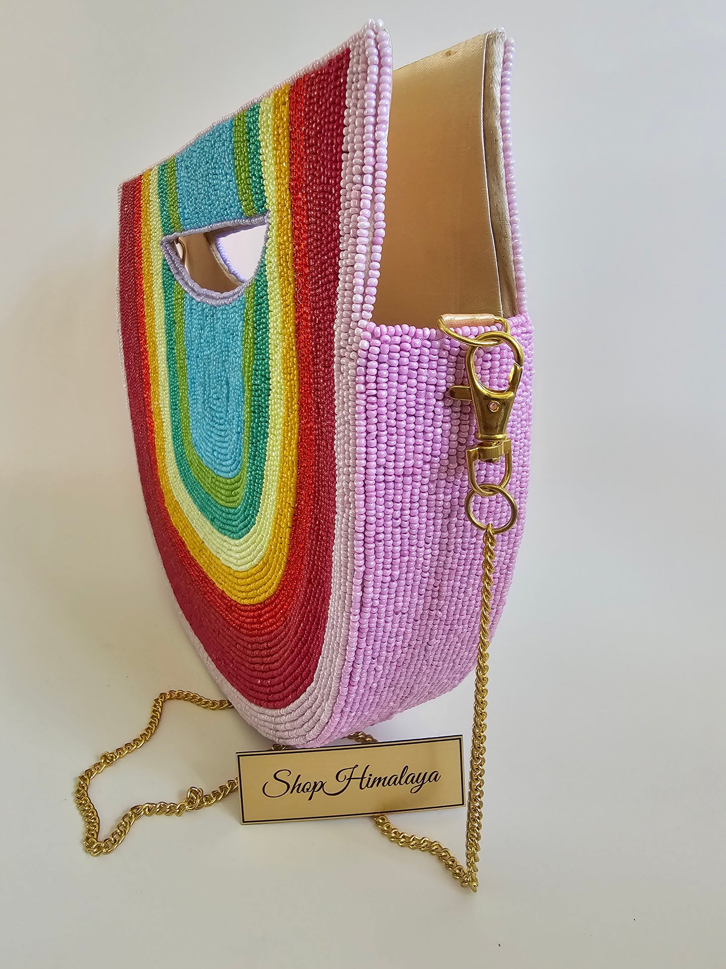 Beaded Crossbody Handbag - Chic & Compact Purse with Chain Strap Rainbow Design