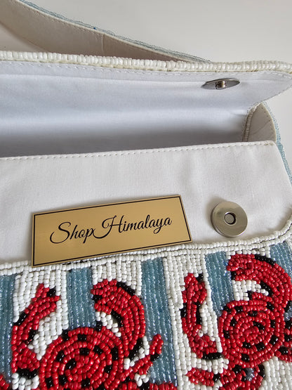 Hand-Beaded Crab Shoulder Bag, Nautical Beaded Purse, Coastal fashion Bag