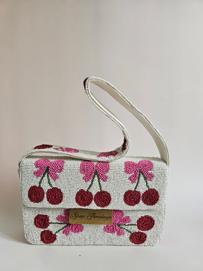 Handmade Cherry Beaded Bag, Pink Bow Shoulder Clutch,Cute pink bow and cherry beaded bag,  Artisan beaded cherry bag