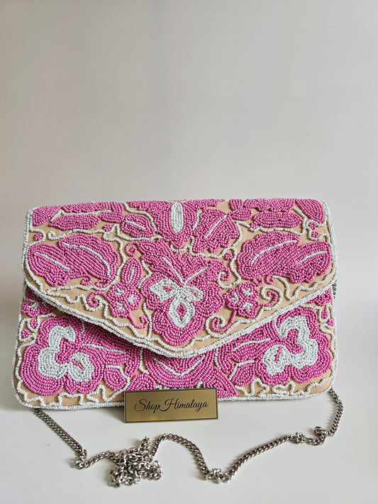 Embroidered Pink & White Clutch Bag, Embroidered evening bag, Floral clutch purse, Women's party bag, Elegant formal clutch