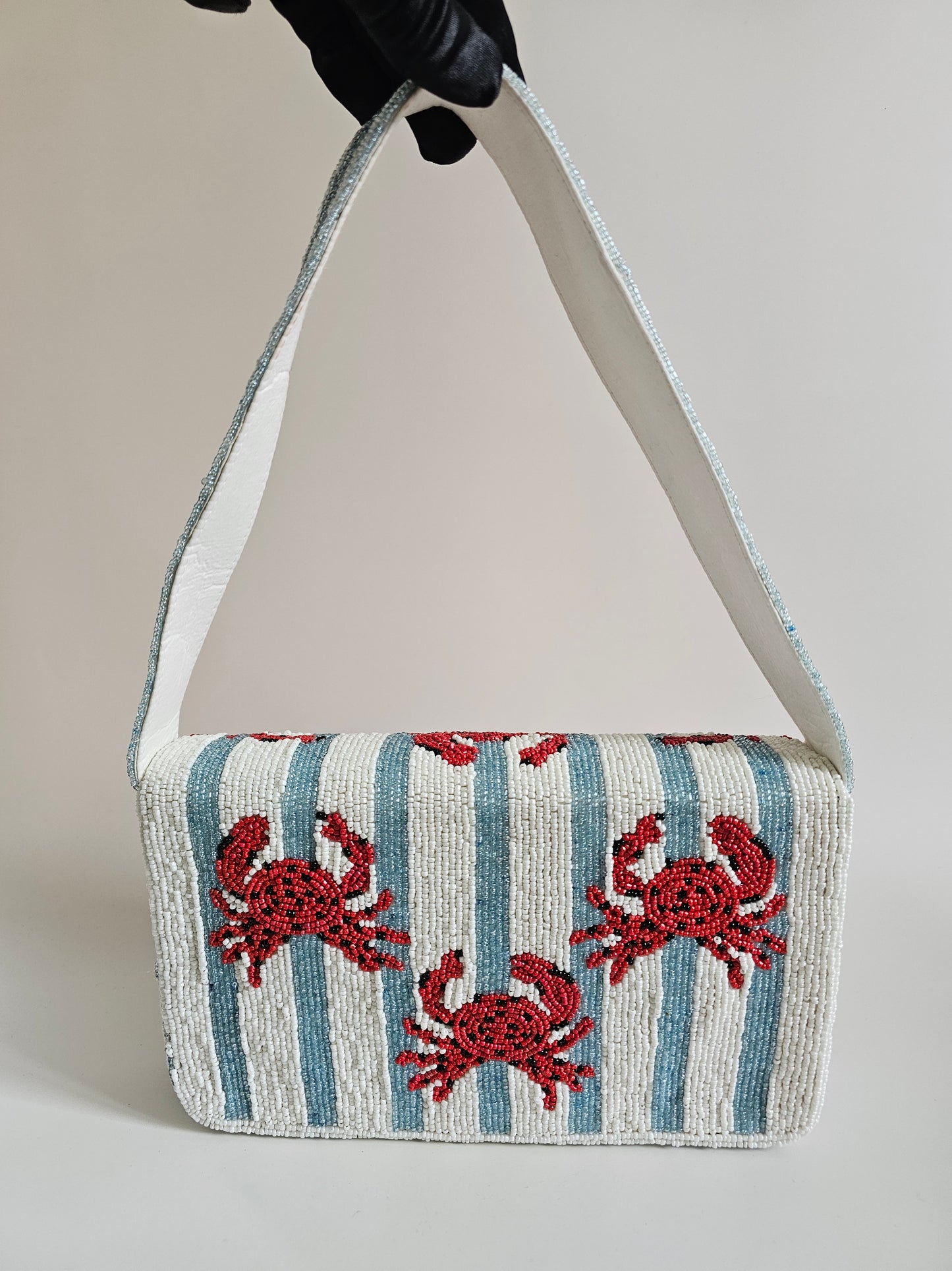 Hand-Beaded Crab Shoulder Bag, Nautical Beaded Purse, Coastal fashion Bag