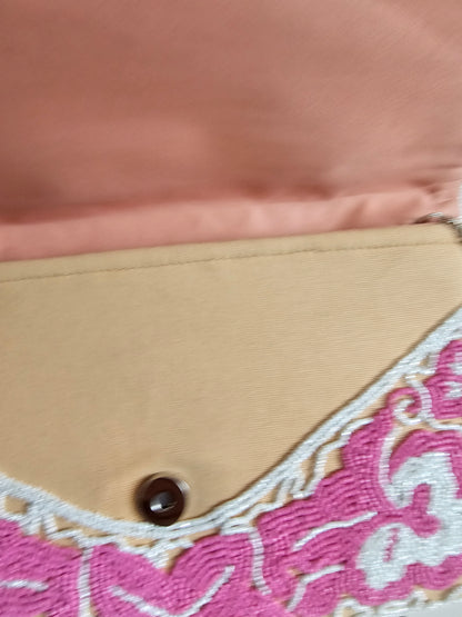 Embroidered Pink & White Clutch Bag, Embroidered evening bag, Floral clutch purse, Women's party bag, Elegant formal clutch