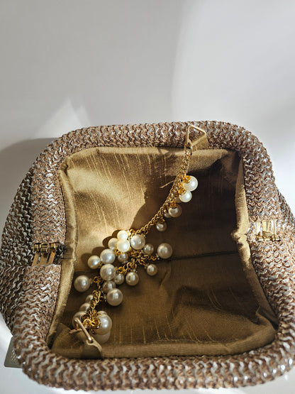 Jute & Jewel Embellished Clutch with Pearl Chain Strap | Handcrafted Shoulder Bag