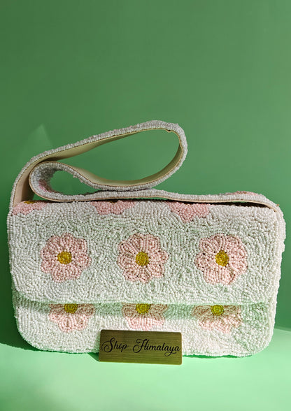 Handmade Beaded Floral Clutch Bag - Pink & White Daisy Design - Elegant Evening Shoulder Purse with Magnetic Closure