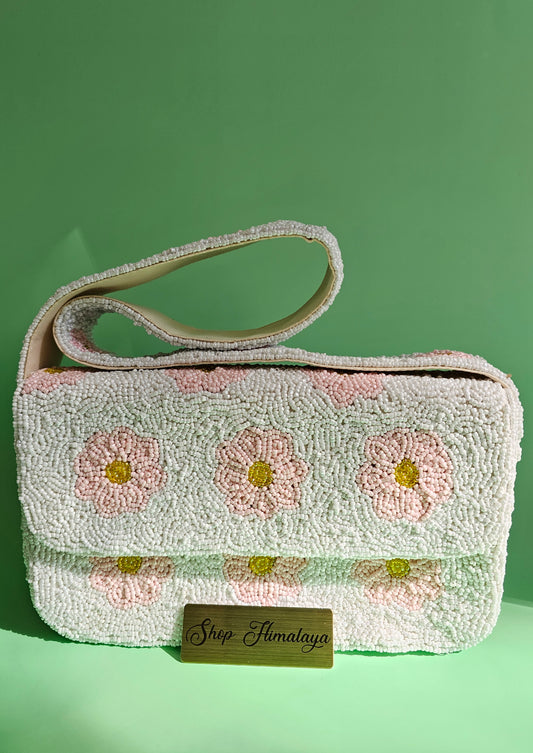 Handmade Beaded Floral Clutch Bag - Pink & White Daisy Design - Elegant Evening Shoulder Purse with Magnetic Closure