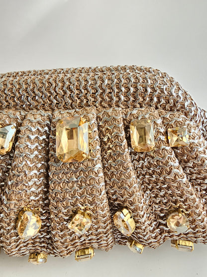 Jute & Jewel Embellished Clutch with Pearl Chain Strap | Handcrafted Shoulder Bag
