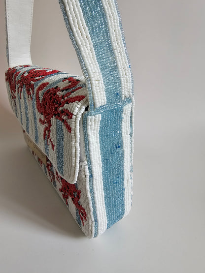 Hand-Beaded Crab Shoulder Bag, Nautical Beaded Purse, Coastal fashion Bag