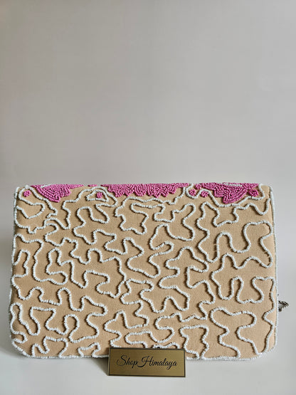 Embroidered Pink & White Clutch Bag, Embroidered evening bag, Floral clutch purse, Women's party bag, Elegant formal clutch