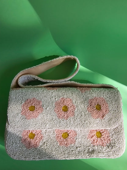 Handmade Beaded Floral Clutch Bag - Pink & White Daisy Design - Elegant Evening Shoulder Purse with Magnetic Closure