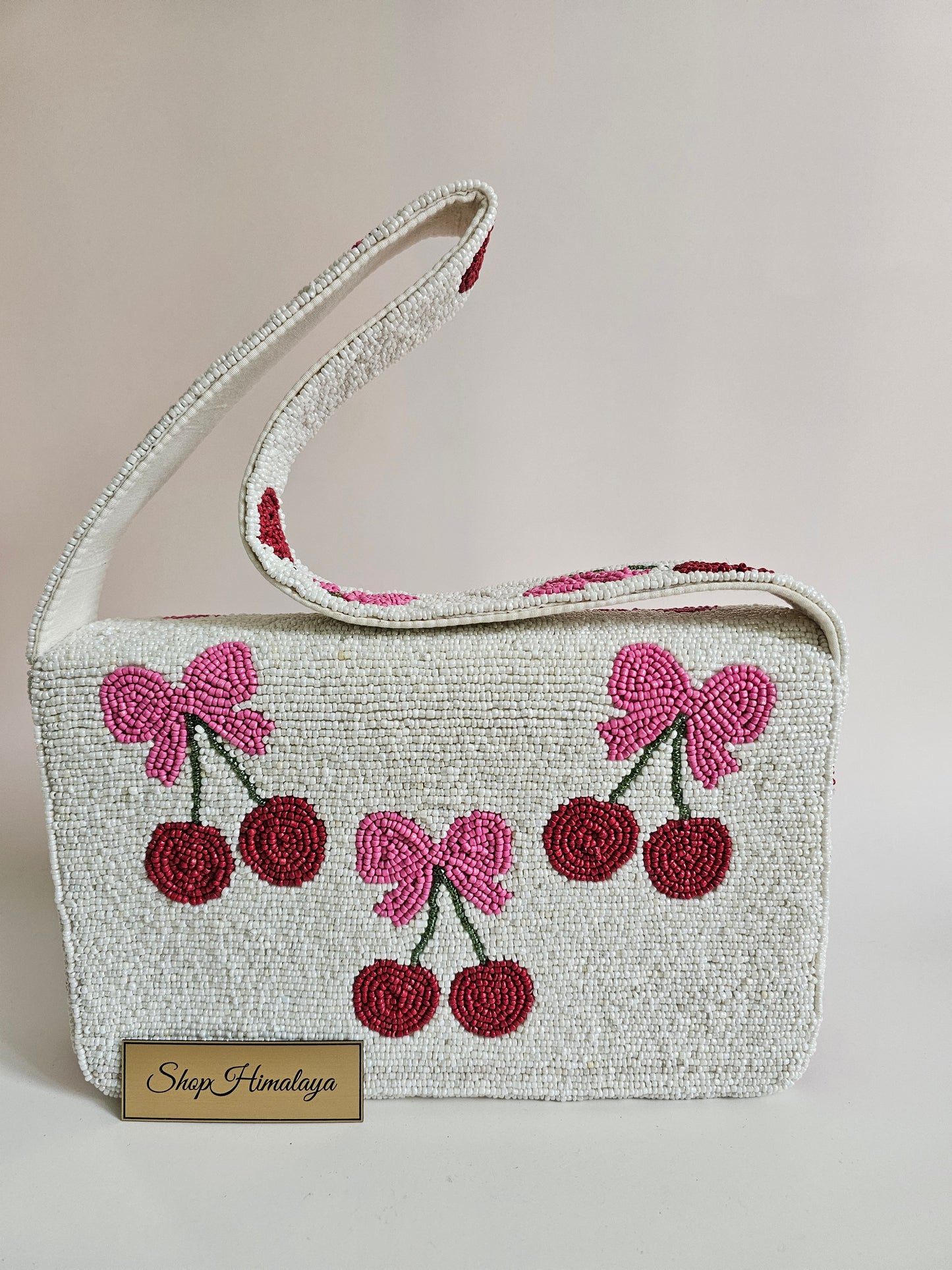 Handmade Cherry Beaded Bag, Pink Bow Shoulder Clutch,Cute pink bow and cherry beaded bag,  Artisan beaded cherry bag
