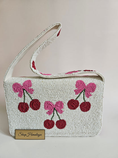 Handmade Cherry Beaded Bag, Pink Bow Shoulder Clutch,Cute pink bow and cherry beaded bag,  Artisan beaded cherry bag